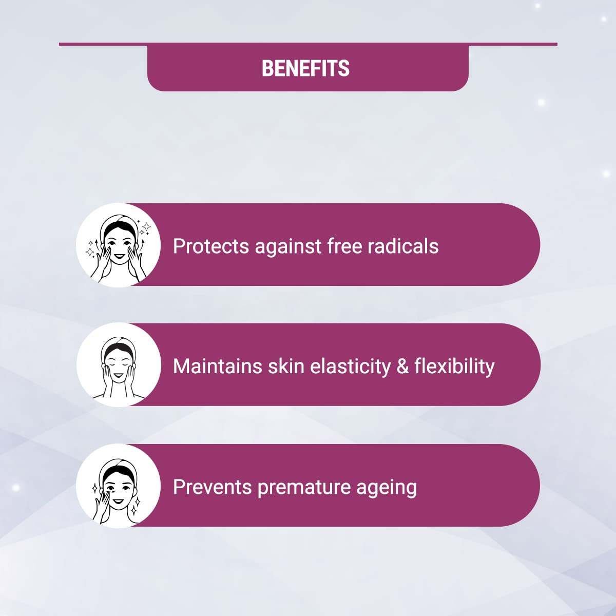Benefits graphic: protects from free radicals, boosts elasticity, prevents premature ageing