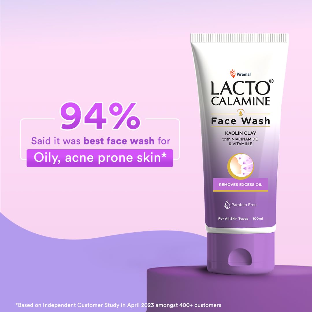 Lacto Calamine Face Wash tube for oily, acne-prone skin with 94% claim.