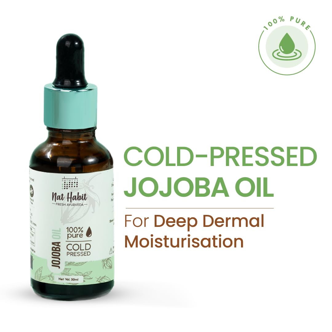Nat Habit - Cold Pressed 100% Pure Jojoba Oil for Women & Men for Skin & Hair with Vitamin E, Omega-9, Mineral Free 30ml