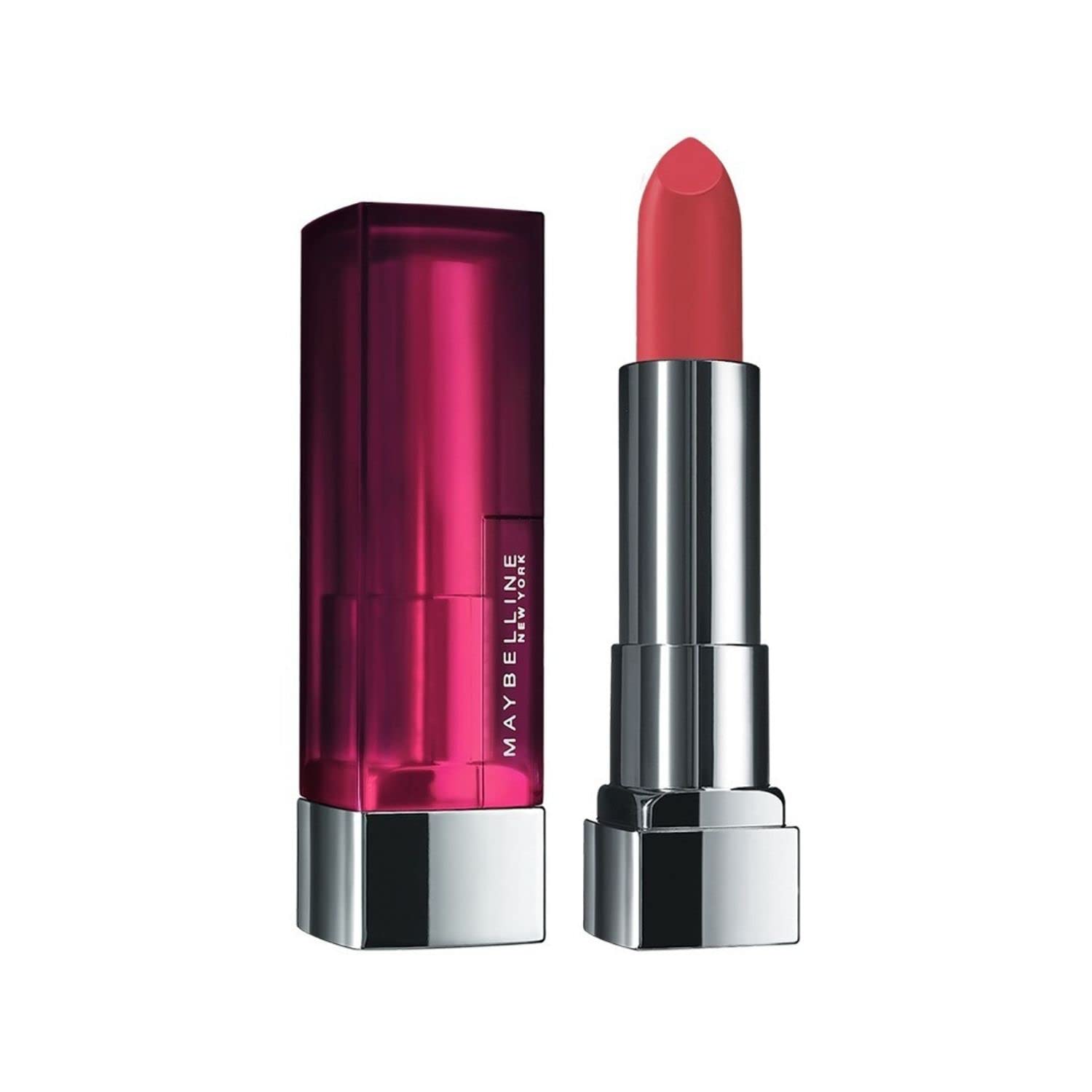 Maybelline creamy matte lipstick in heated pink shade, with silver cap and bullet.
