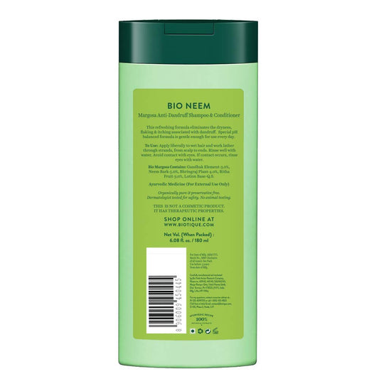 Bio Neem anti-dandruff shampoo and conditioner bottle back with barcode, 180 ml