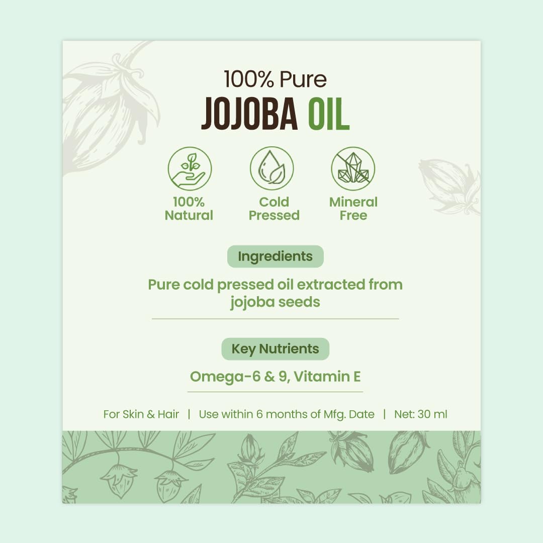 Nat Habit - Cold Pressed 100% Pure Jojoba Oil for Women & Men for Skin & Hair with Vitamin E, Omega-9, Mineral Free 30ml