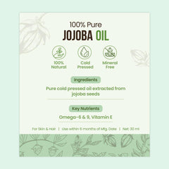 Nat Habit - Cold Pressed 100% Pure Jojoba Oil for Women & Men for Skin & Hair with Vitamin E, Omega-9, Mineral Free 30ml