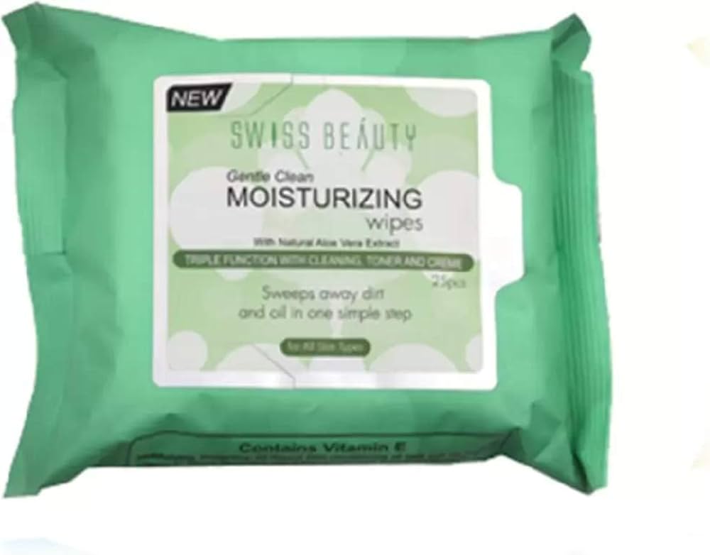 Swiss Beauty moisturizing wipes pack with aloe vera extract, sealed in green wrapper