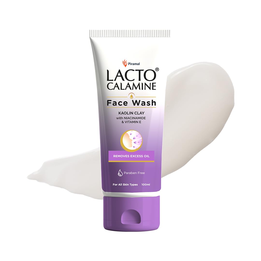 Lacto Calamine Face Wash tube with white cream swatch beside it.