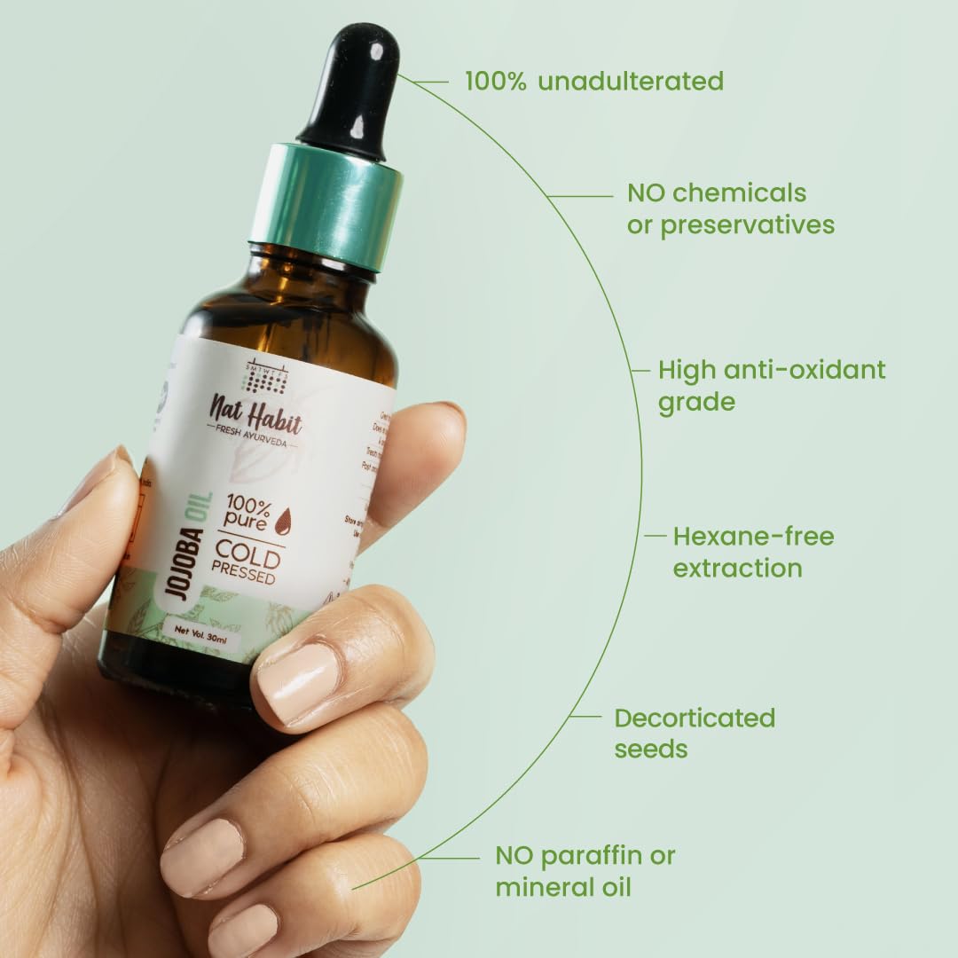 Nat Habit - Cold Pressed 100% Pure Jojoba Oil for Women & Men for Skin & Hair with Vitamin E, Omega-9, Mineral Free 30ml