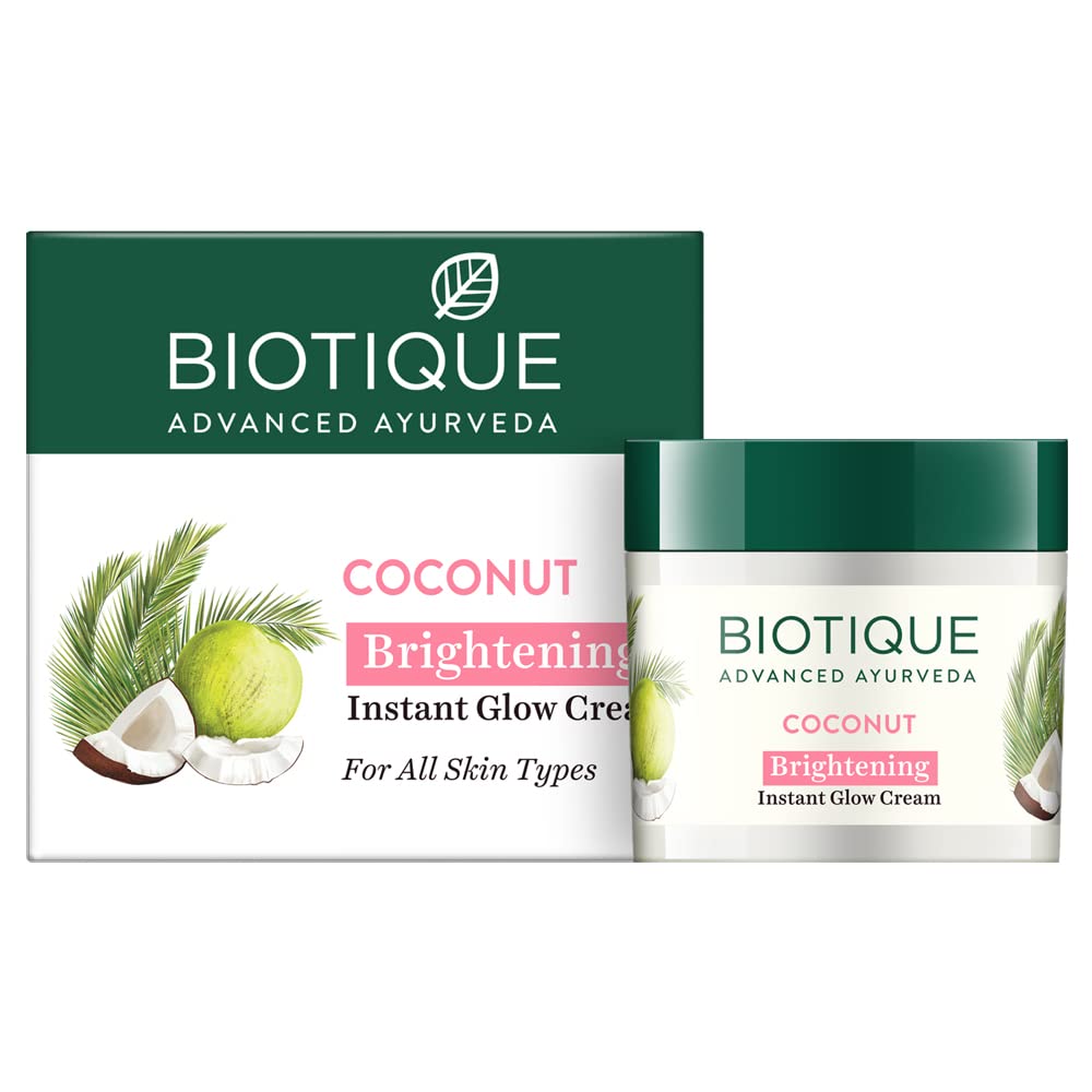 Biotique Coconut Brightening Instant Glow Cream box and jar, 30g