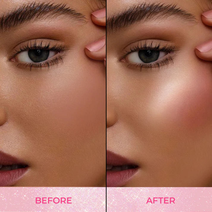 Berry-pink blush on cheeks, shown before-and-after on skin