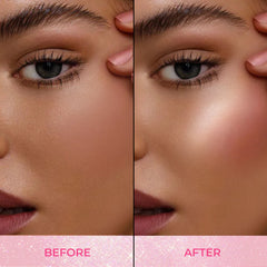 Berry-pink blush on cheeks, shown before-and-after on skin