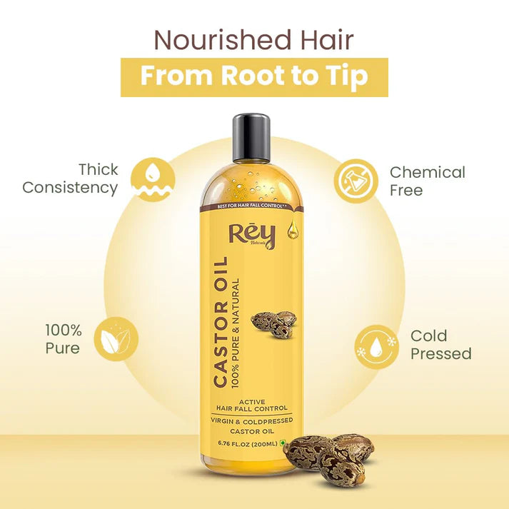 Rey Naturals - Cold Pressed Extra Virgin Castor Oil For Hair Growth | Nourishing Hair Oil For All Hair Types | Deeply Moisturizes, Repairs And Strengthens Hair | For Hair Growth And Adds Shine | 200ml