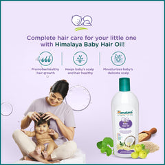 Himalaya Baby Hair Oil bottle with hair-care icons and parent-child scene.