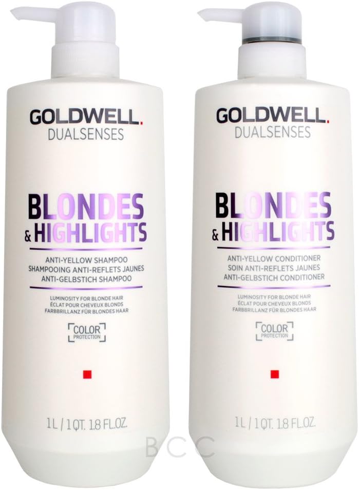 Two pump bottles, Goldwell Dualsenses Blondes & Highlights anti-yellow hair care, close-up