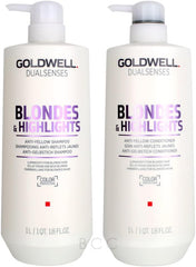 Two pump bottles, Goldwell Dualsenses Blondes & Highlights anti-yellow hair care, close-up