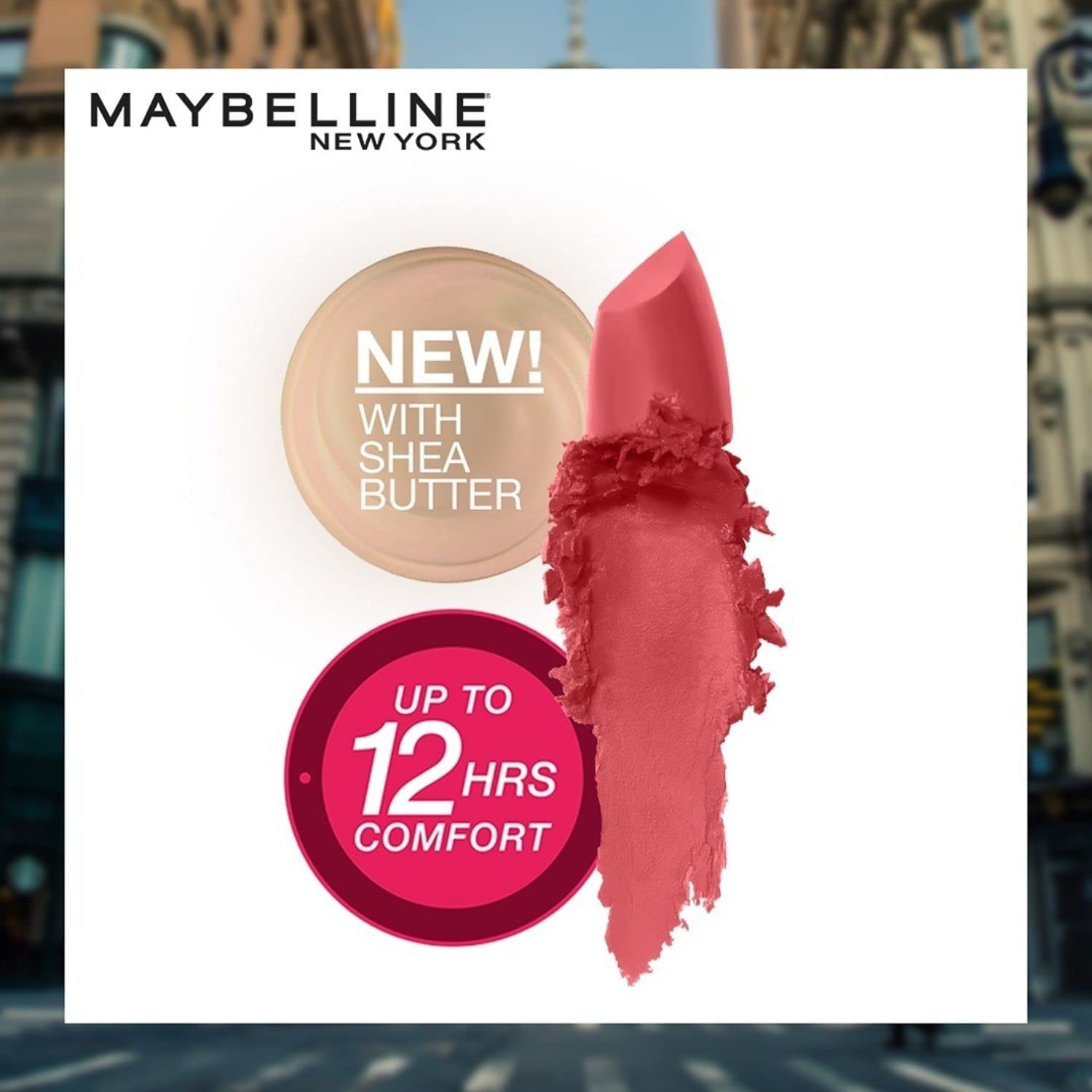 Heated pink lipstick swatch with circular comfort and new with shea graphics.