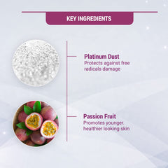 Key ingredients graphic: platinum dust and passion fruit for facial kit