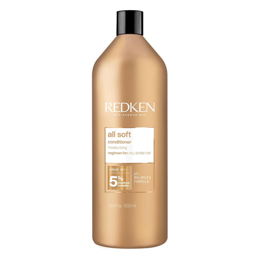 Redken All Soft conditioner bottle, beige/gold with black pump cap, 1000 ml.