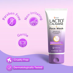 Lacto Calamine Face Wash tube with paraben-free and cruelty-free badges.