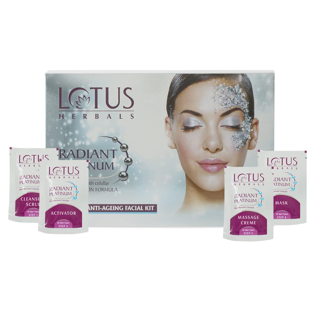 Radiant Platinum anti-ageing facial kit set of 4 shown with cream and mask packs