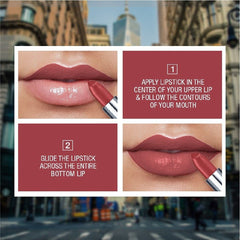 Burgundy lipstick applied on lips with a creamy matte finish.