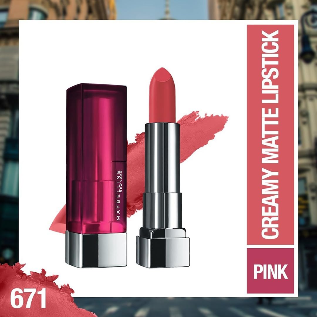 Maybelline creamy matte lipstick in heated pink, with open tube and bullet.