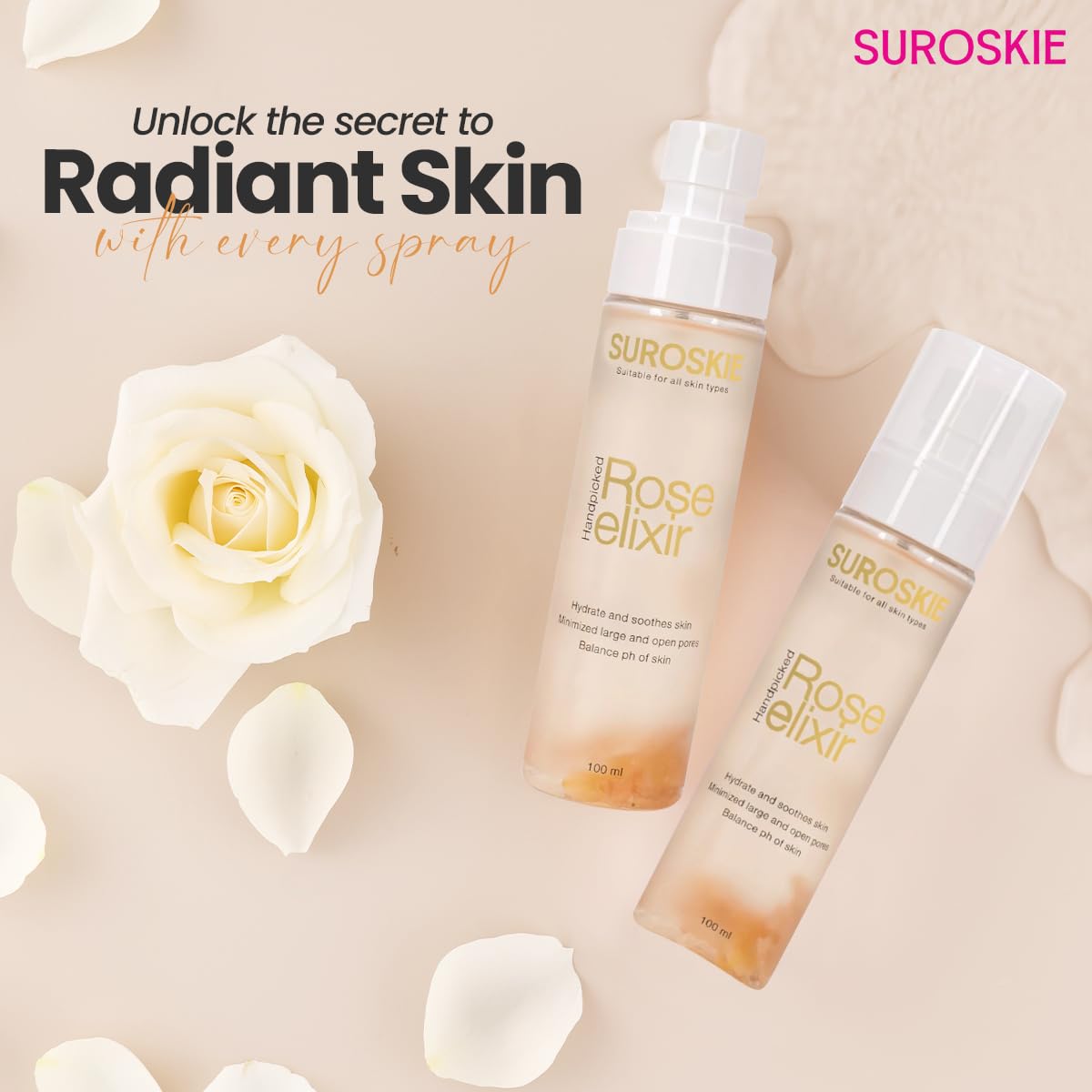 Suroskie - Rose Elixir | Hydrate & Soothes Skin, Minimized Large & Open Pores, Balance ph | 100ml