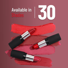 Red matte lipstick shades 30 shown on red swatches with black barrels