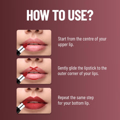 Matte lipstick usage steps shown on lips with red lipstick applied