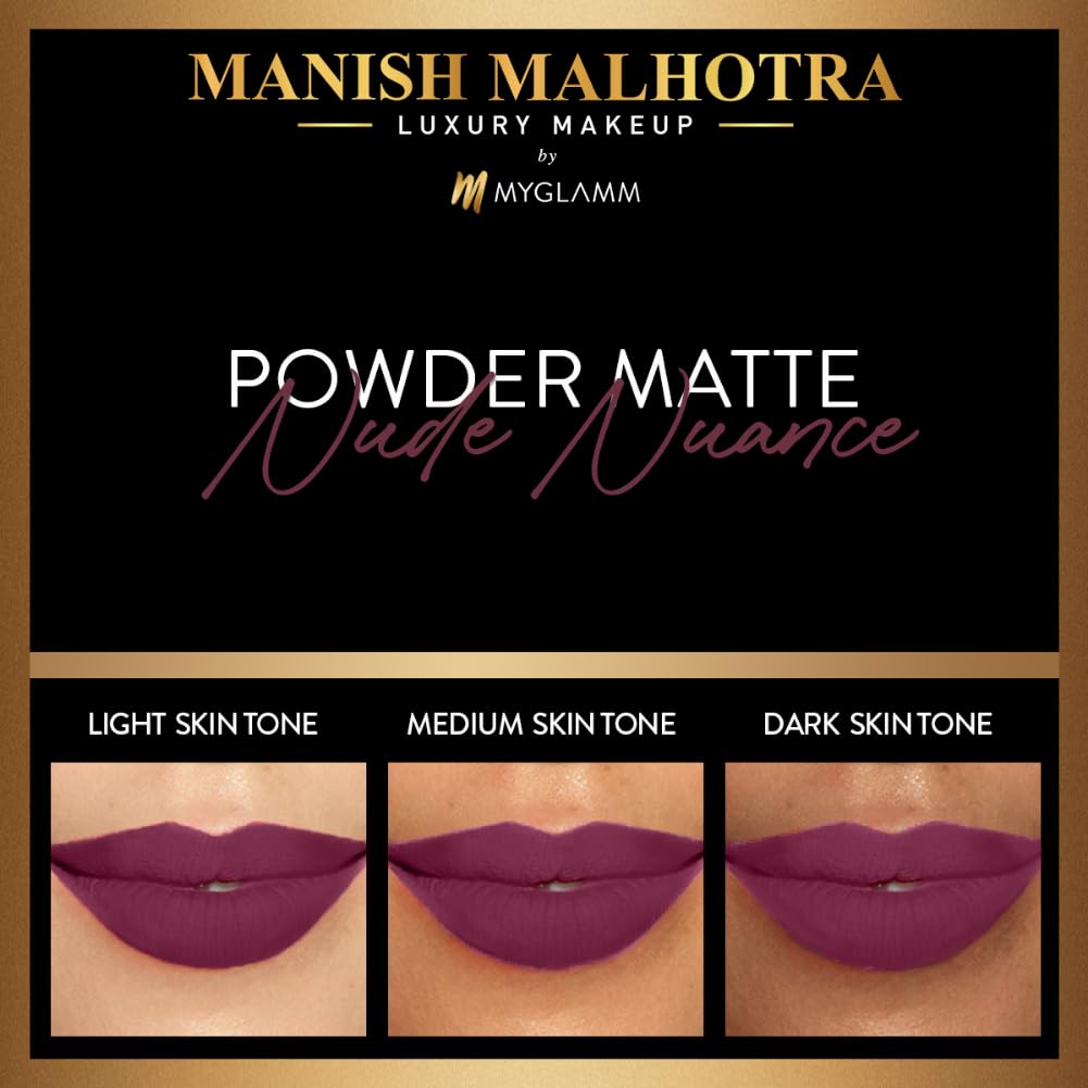 MyGlamm - Manish Malhotra Powder Matte Lipstick - Nude Nuance (Purple with Brown Shade) | Water-resistant, Luxurious, Powder Matte Lip Colour