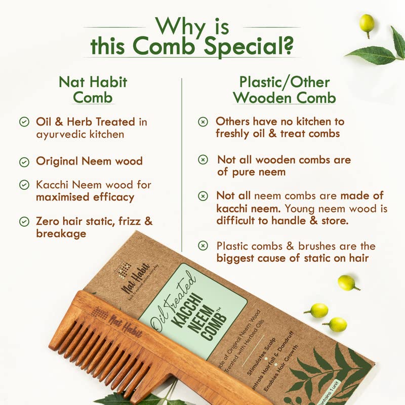 Nat Habit - Oil Treated Kacchi Neem Ayurvedic Wooden Comb - Wide Tooth for Gentle Detangling