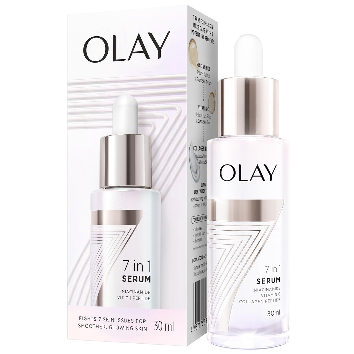 Olay 7 in 1 Niacinamide serum bottle with dropper and retail box, 30 ml