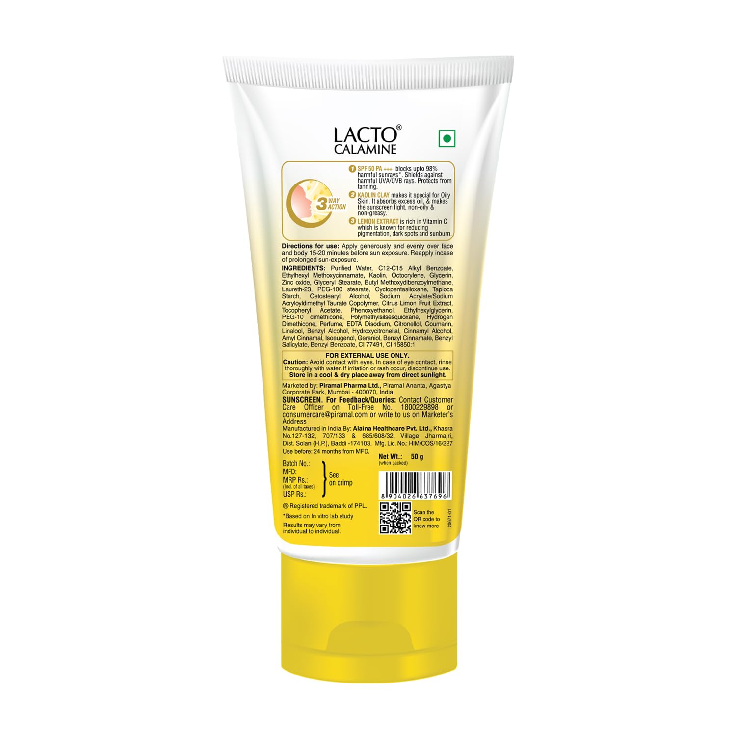 Lacto Calamine - Face Sunscreen SPF 50 PA +++ UVA-UVB - No White Cast 50g
