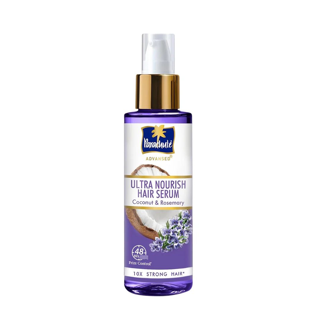 Parachute Advanced Ultra Nourish Hair Serum bottle, purple and gold cap, 100 ml