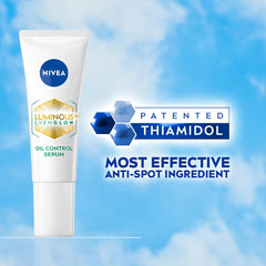 NIVEA oil control serum tube with patented Thiamidol anti-spot ingredient graphic