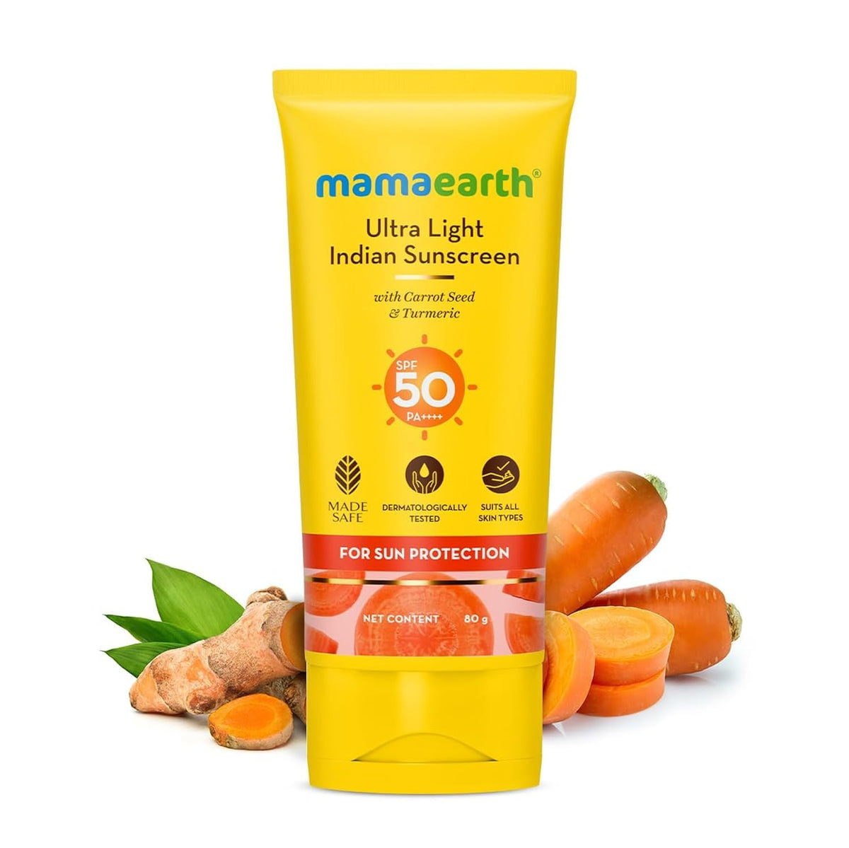 Mamaearth Ultra Light SPF 50 Sunscreen with PA++++ | Gives Broad Spectrum Protection | Moisturizes with Turmeric & Carrot Seed | Lightweight & Long Lasting | 80 ml