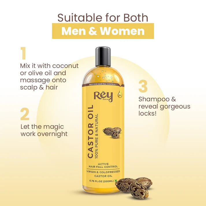 Rey Naturals - Cold Pressed Extra Virgin Castor Oil For Hair Growth | Nourishing Hair Oil For All Hair Types | Deeply Moisturizes, Repairs And Strengthens Hair | For Hair Growth And Adds Shine | 200ml