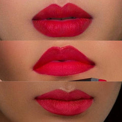 Red matte lip swatches on lips, showing three application views.