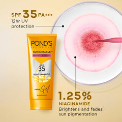 Pond's  3% Niacinamide Sun Miracle SPF 35 P+++ Light Sunscreen | Proctects & Brightens Skin | No white Cast | Lightweight | Non Sticky | For All Skin Types | 50 gm