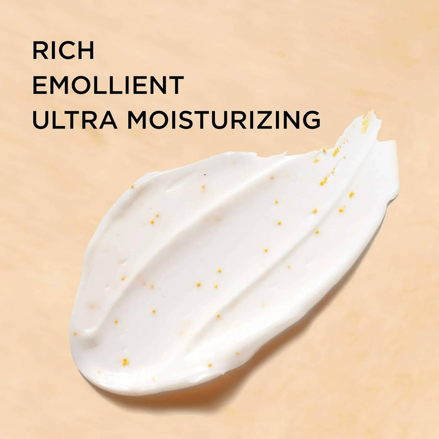 Body cream swatch, thick white cream with tiny golden specks
