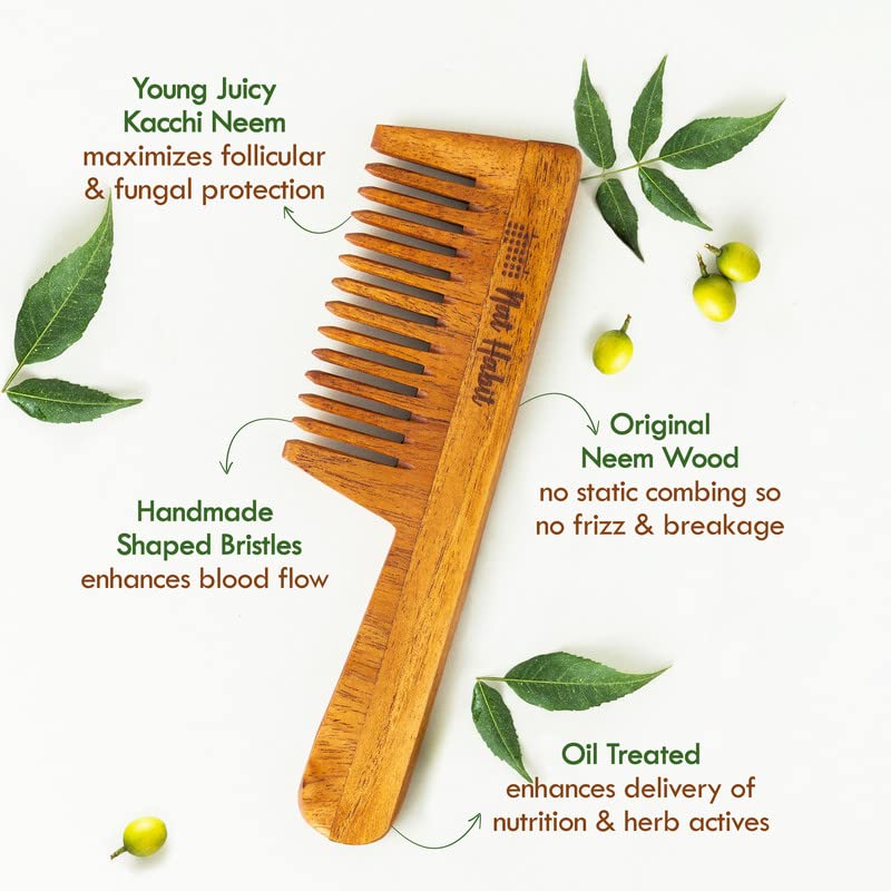 Nat Habit - Oil Treated Kacchi Neem Ayurvedic Wooden Comb - Wide Tooth for Gentle Detangling