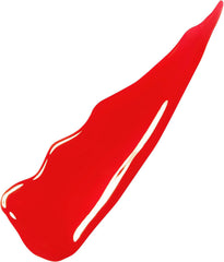 Glossy red liquid lipstick swatch on a curved swipe