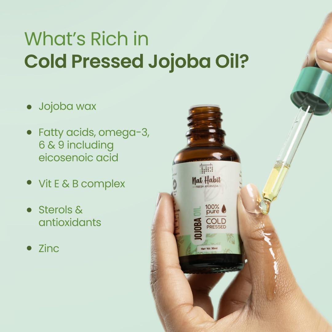 Nat Habit - Cold Pressed 100% Pure Jojoba Oil for Women & Men for Skin & Hair with Vitamin E, Omega-9, Mineral Free 30ml