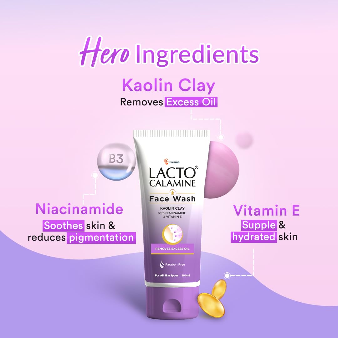 Lacto Calamine Face Wash tube with kaolin clay, niacinamide, and vitamin E.