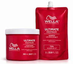 Wella Professionals Ultimate Repair hair care bundle: red shampoo refill pouch & conditioner jar