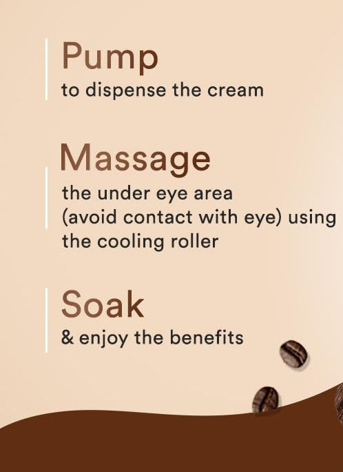 Under eye cream instructions graphic: pump, massage, and soak