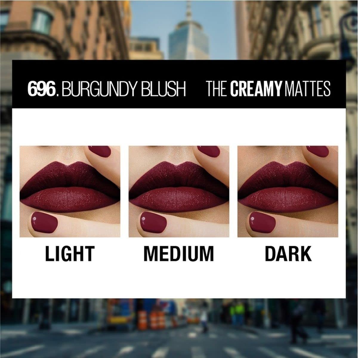 Burgundy lip color swatch with creamy matte lipstick.