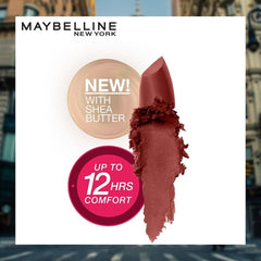 Creamy matte lipstick with rose-brown swatch, silver tube with copper case