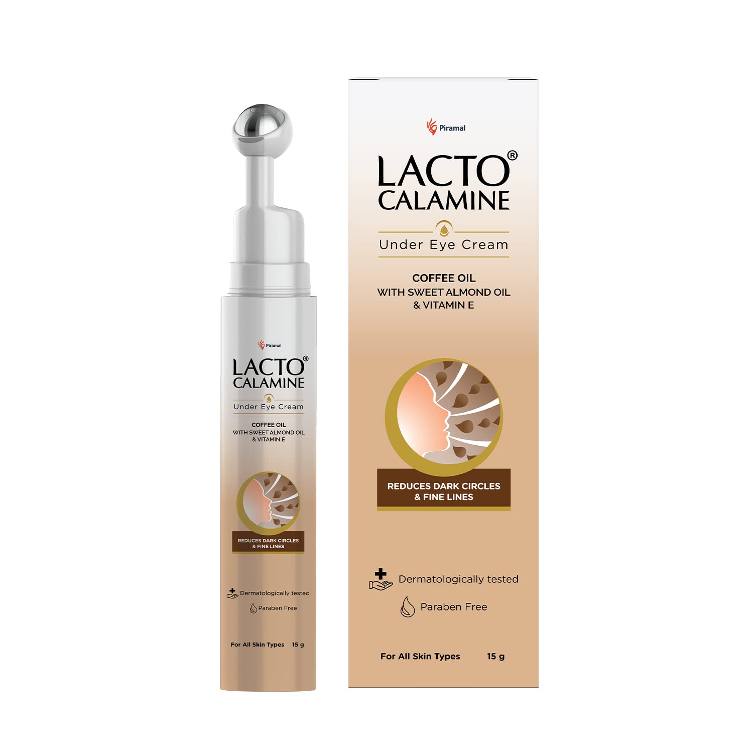 Lacto Calamine under eye cream tube with cooling roller and beige label, 15 g