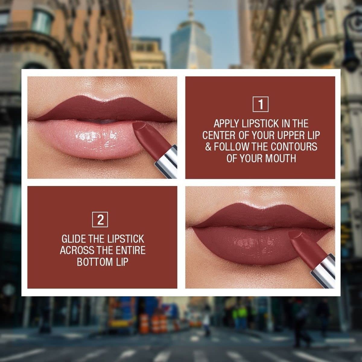 Rose matte lipstick applied on lips, with angled lipstick tip