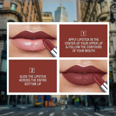 Rose matte lipstick applied on lips, with angled lipstick tip