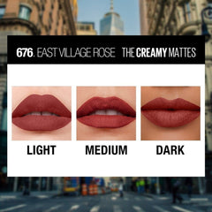 Rose matte lipstick on lips, three tone swatches: light, medium, dark